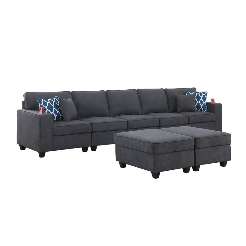 Woven Upholstered 5-Seater Sofa with 2 Ottomans in Stone Gray - Stone Gray/Brown
