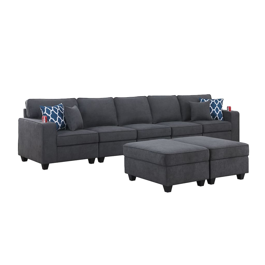 Woven Upholstered 5-Seater Sofa with 2 Ottomans in Stone Gray