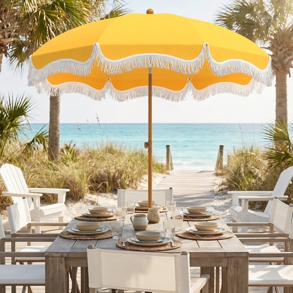 can i use patio umbrella at the beach Blue Fringe Umbrellas For Sand UV50+Boho Umbrella With Tassels Market Table Umbrella 1.26" Tilting Wood Pole Portable Umbrella With Carry Bag 6.5ft Backyard Umbrella/8 Ribs : Patio MAISON ARTS 7ft Patio Fringe