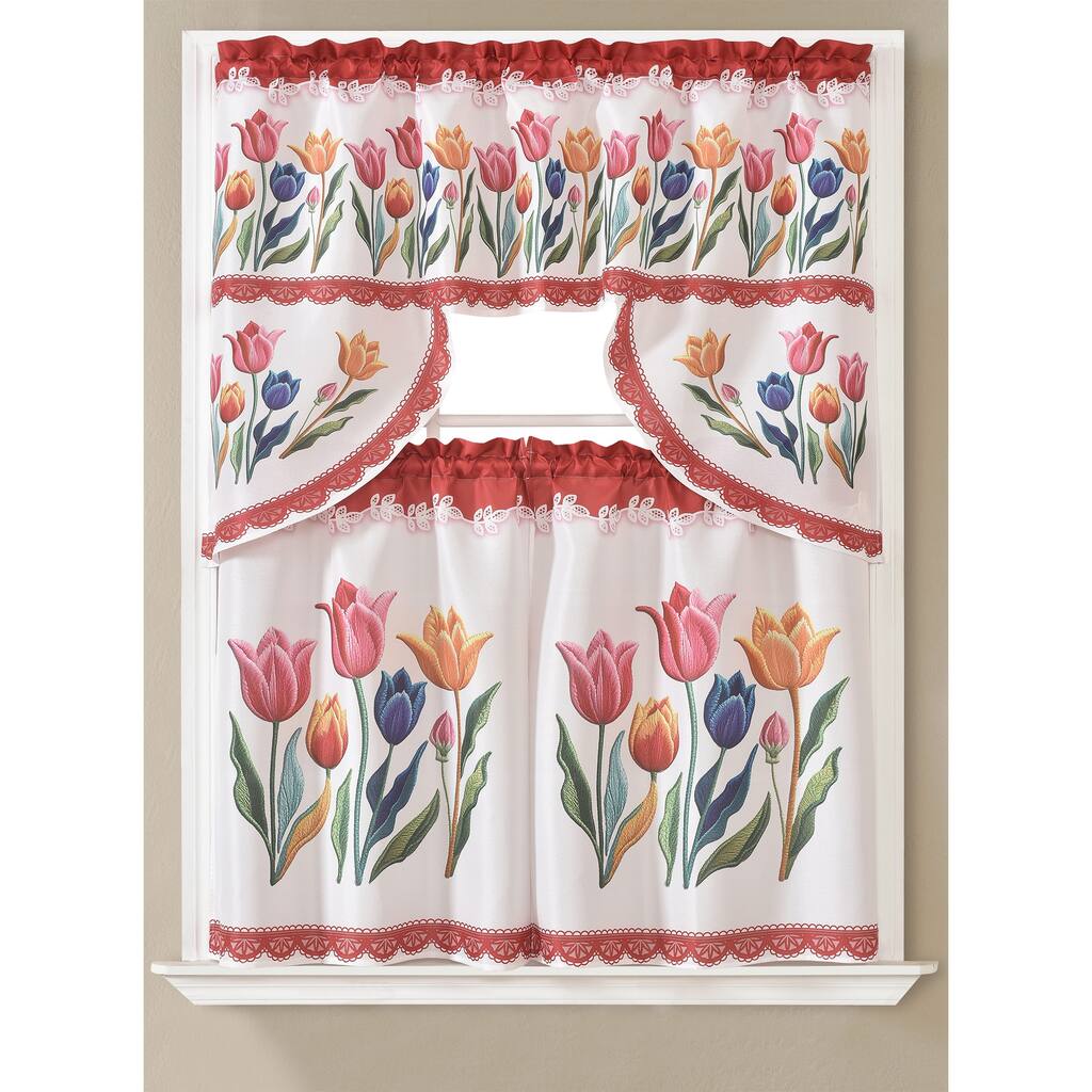 Dahlia Tulips 3D Printed Kitchen Curtain Set, Burgundy, Swag Valance 60x36, Tiers 30x36 Inches