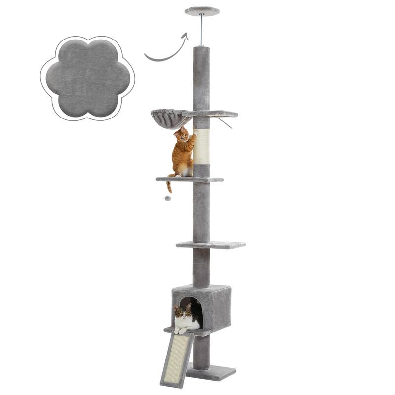 Adjustable Height Floor to Ceiling 5-Tier Tall Cat Tree Tower for Indoor Cats with Cat Condo, Cat Scratching Post and Cat Ladder - Grey