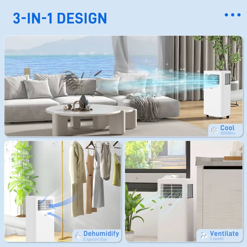 8000 BTU Portable Air Conditioner with Dehumidifier, 3-in-1 Room AC for Up to 345 Sq Ft, Remote, Timer