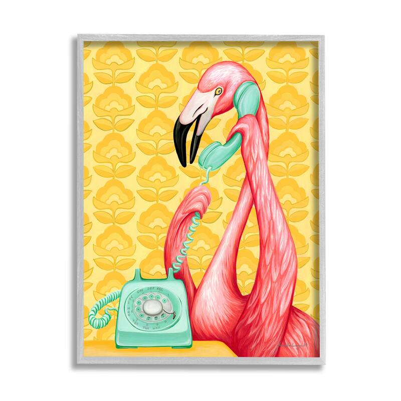 Stupell Flamingo Calling Dial Telephone Groovy Flowers Wallpaper Framed Wall Art, Design by Amelie Legault - Yellow - 16 x 20 - Grey