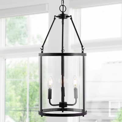 Iris 12" 3-Light Industrial Farmhouse Iron/Glass LED Pendant, Oil Rubbed Bronze/Clear by JONATHAN Y - 3 Light