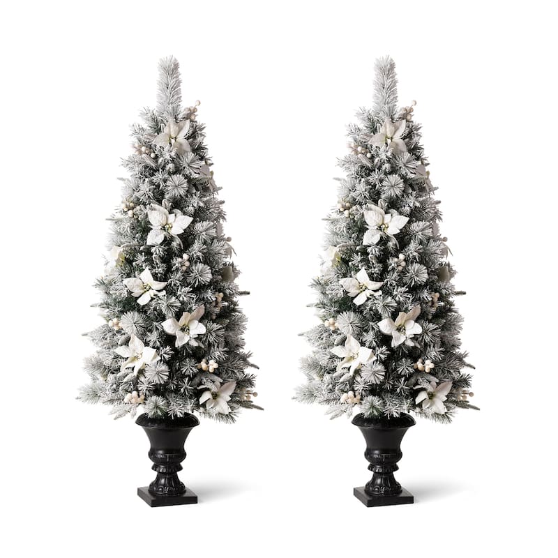 Glitzhome 5FT Pre-Lit Flocked Pine Artificial Christmas Porch Tree with 150 Warm White Lights and Poinsettia