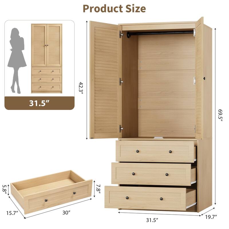 69.5" Wooden Armoire Wardrobe Closet with Louvered Doors, Drawers & Hanging Rod, Natural Finish Storage Cabinet