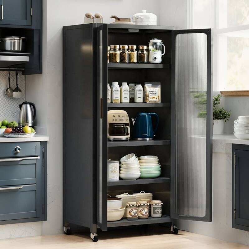 65" Kitchen Pantry Storage Cabinet on Wheels, 6 Tier Metal Display Storage Cabinet with Transparent Door & Adjustable Shelves