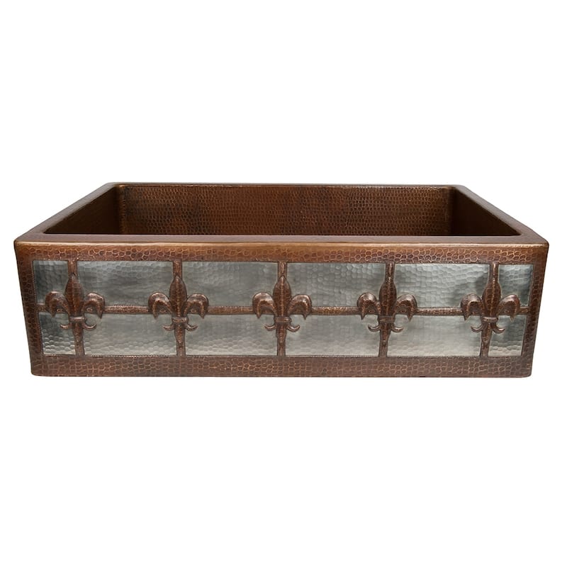 33-in Hammered Copper Apron Front Single Basin Kitchen Sink w/ Fleur De Lis Design and Nickel Background (KASDB33229F-NB)