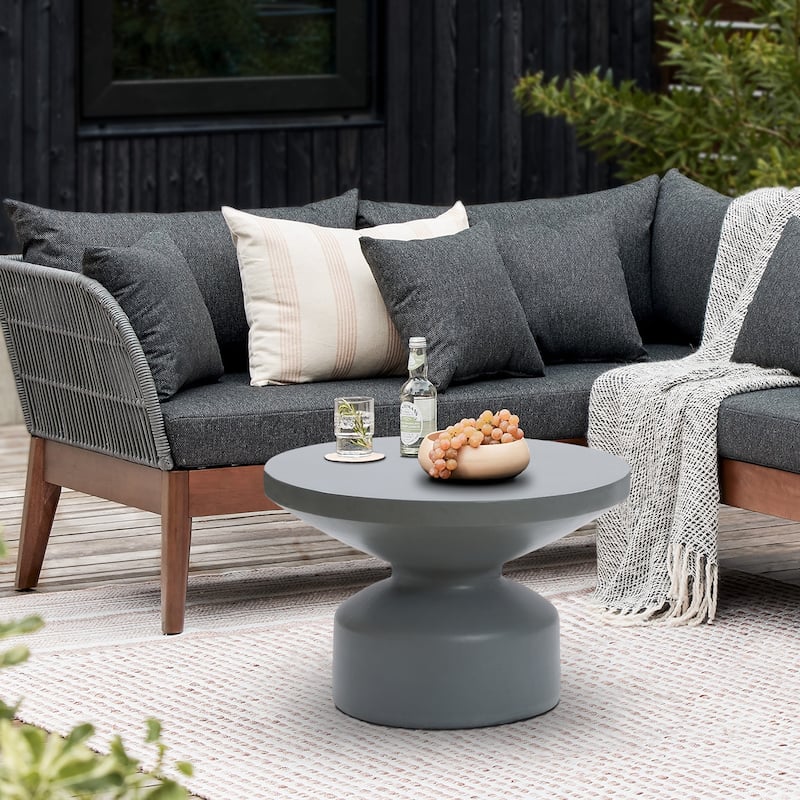 Grey MgO Round Coffee Table, Indoors and Outdoors - 16.14" H x 24.21" W x 24.21" D