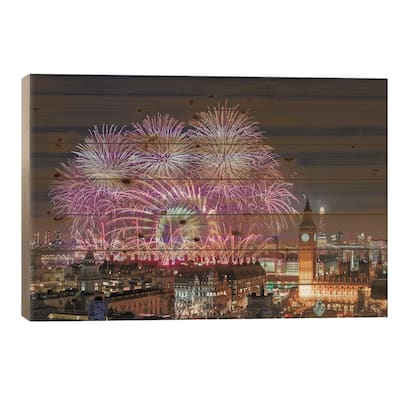 New Year's Fireworks Print On Wood by Stewart Marsden - Multi-Color