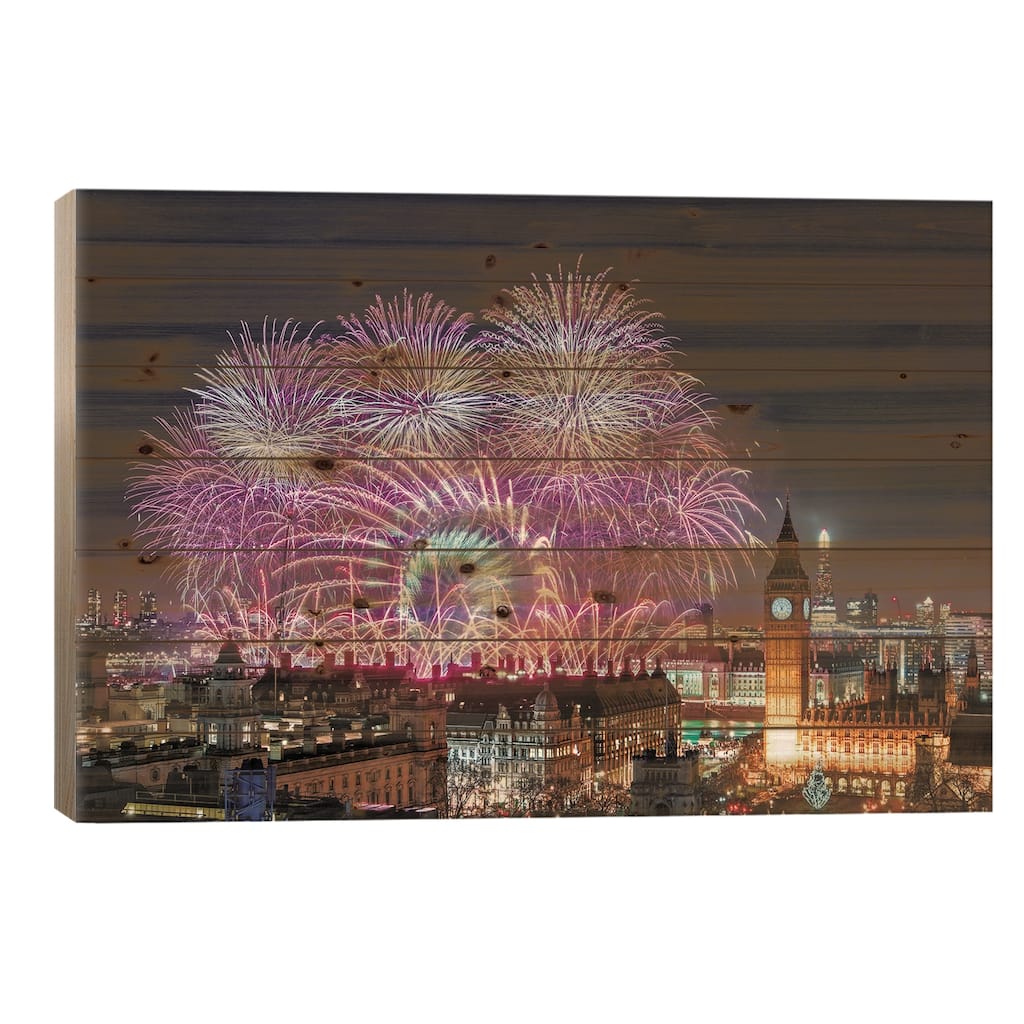 New Year's Fireworks Print On Wood by Stewart Marsden - Multi-Color