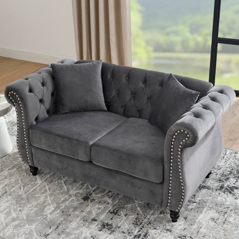 Velvet Chesterfield Upholstered Sofa, Low Back Tufted Sofa with 2 Pillows, 2 Seater Sofa with Nailhead Trim & Rolled Arms