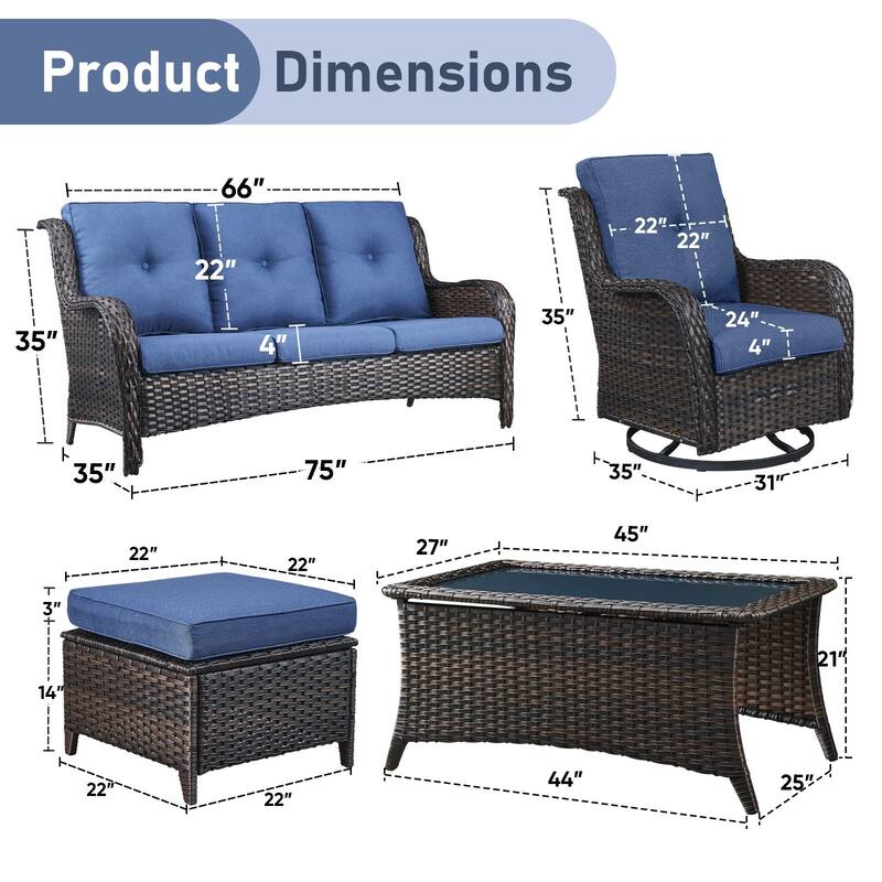 Pocassy Outdoor 4 Inch Sofa Swivel Chairs Table Ottoman