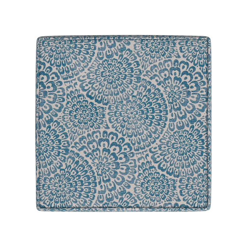 Pyp Square Storage Ottoman, 18 Inch Blue Ivory Floral Fabric, Brown