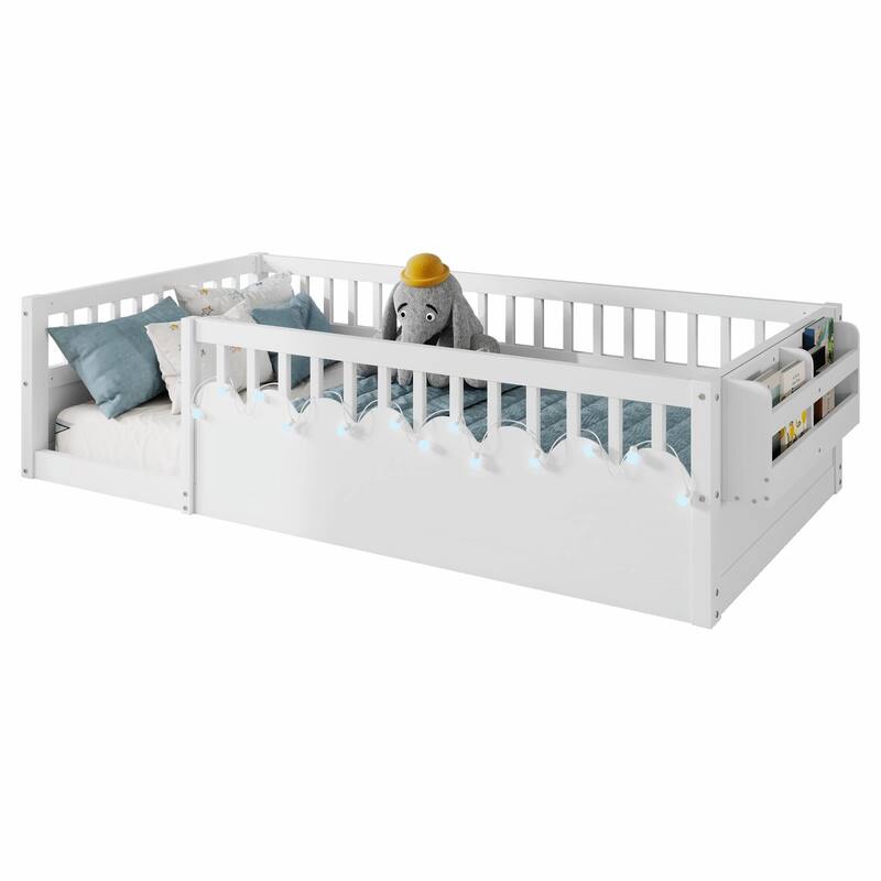 Floor Bed Frame with High Rails, Wooden Kids Floor Bed with Light and Storage Shelf