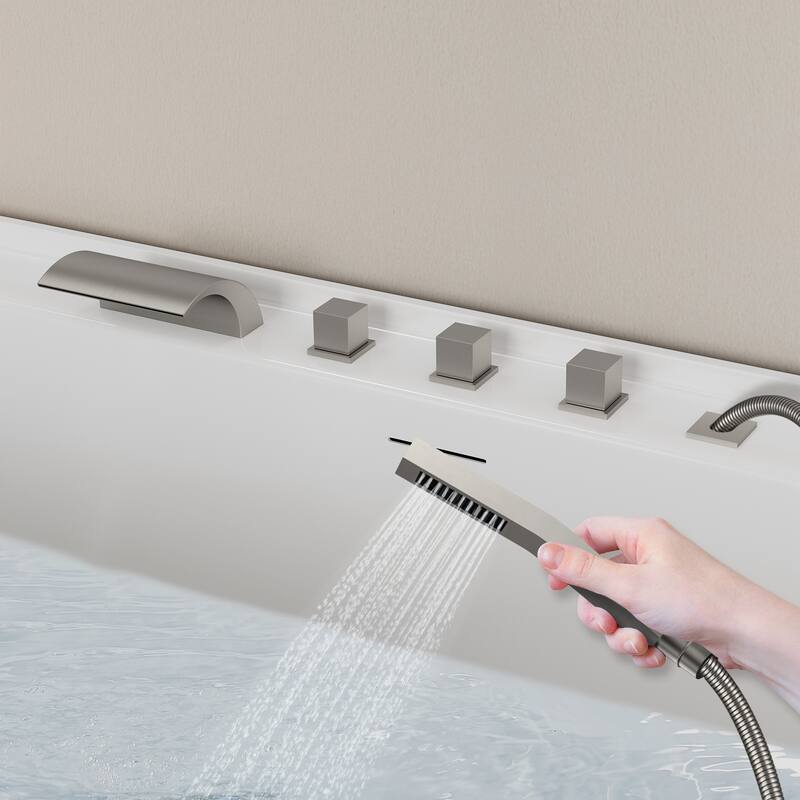 5-Hole 3-Handle Deck-Mount Waterfall Tub Faucet with Hand Shower,Waterfall Spout Bathtub Faucet