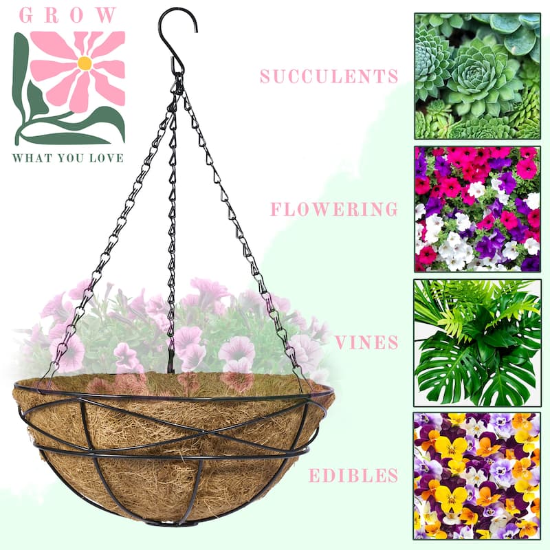 4 Pack Metal Hanging Planter Basket Huge 14 Inch Hanging Flower Pot Basket & Coco Coir Liner for Indoor/Outdoor Garden
