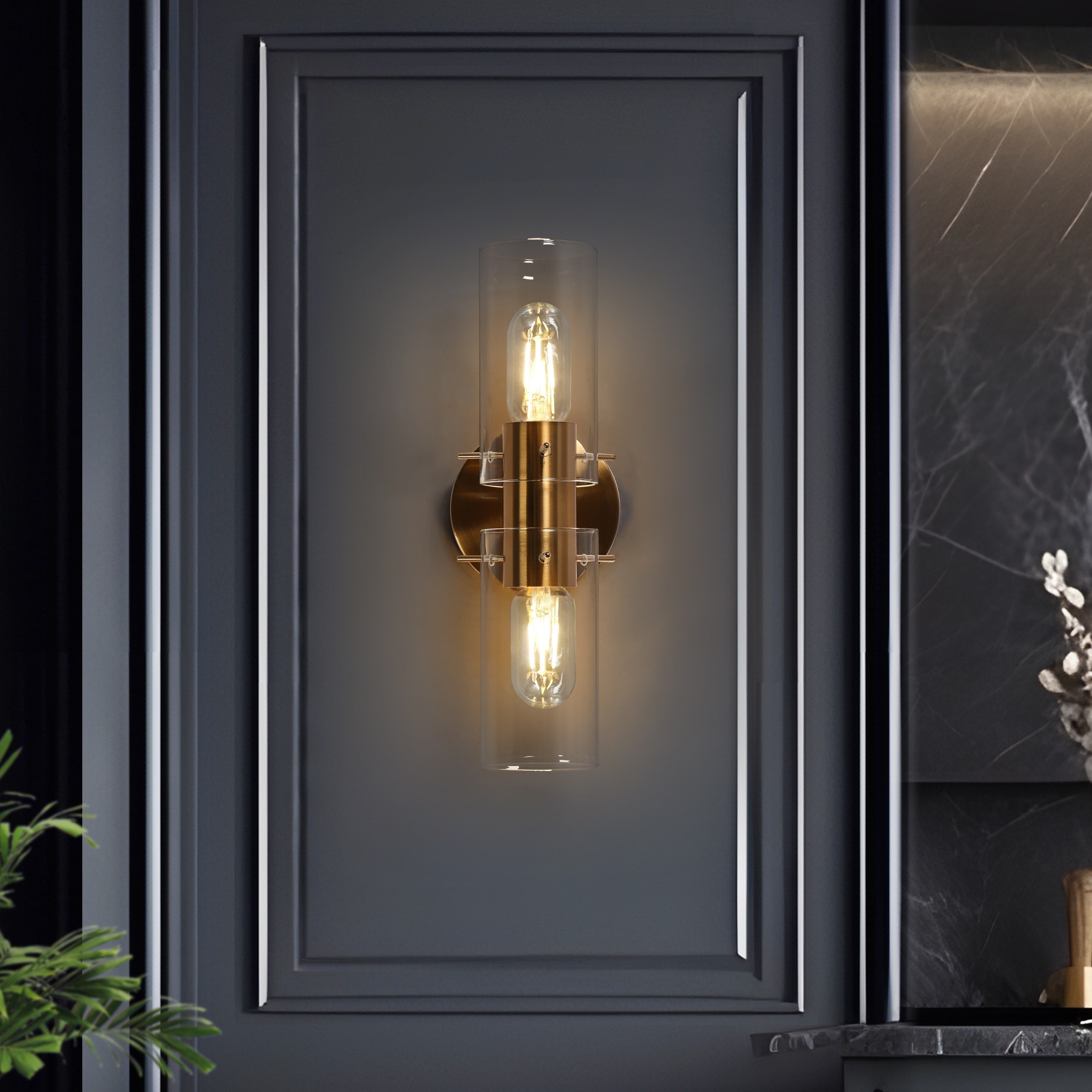 Mid Century Modern Gold 2 Light Cylinder Wall Sconce Glass Bathroom Vanity Light L13.4 W3.1 Plating Brass