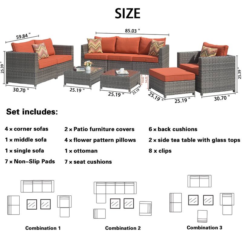 OVIOS Patio Furniture Deep Seat Wicker 9-piece Set