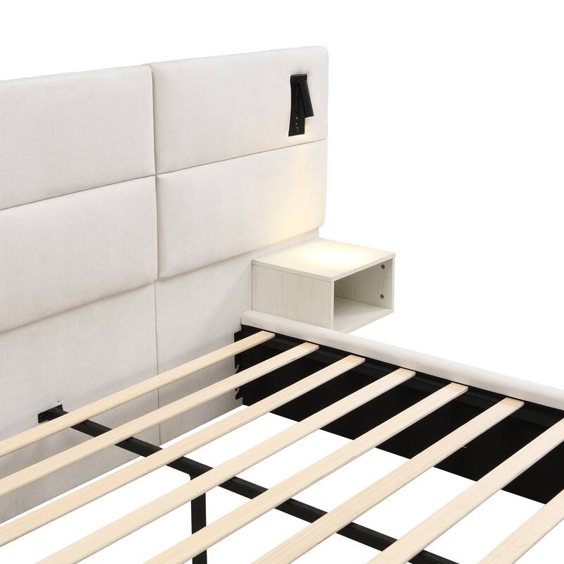 Christopher Knight Home - Mid-Century Modern Chenille Upholstered Smart Bed with Reading Lights & Built-In Shelves