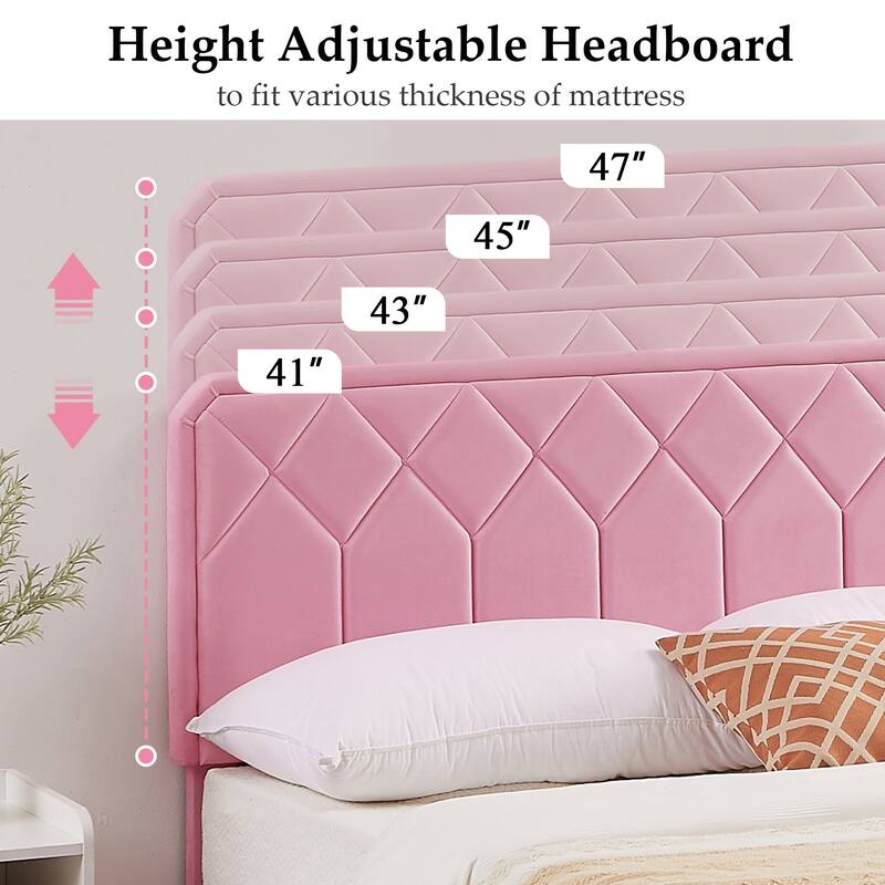 VECELO Pink Velvet Upholstered Bed Frame with Adjustable Headboard No Box Spring Needed Under Bed Storage Platform Bed