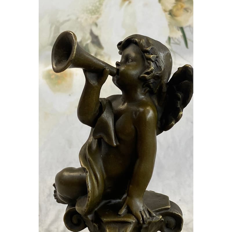 Cherub Boy Playing Trumpet Bugle Bronze Statue Sculpture Figure Moreau 8 Inches X 5 Inches
