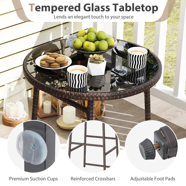 3-Piece Outdoor High Bar Set with Swivel Chairs and Tempered Glass Table Included Cushioned Seats - Table: 25” × 40” (Dia. × H)