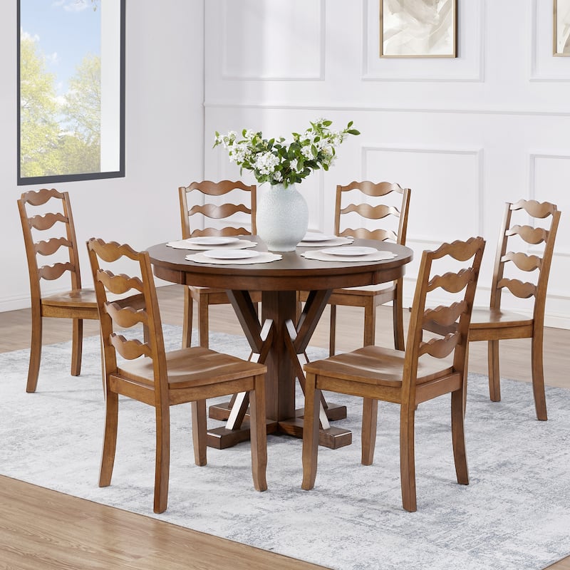 Distressed 17"W Wooden Ladder Back Dining Chairs - Set of 6 - Antique Walnut