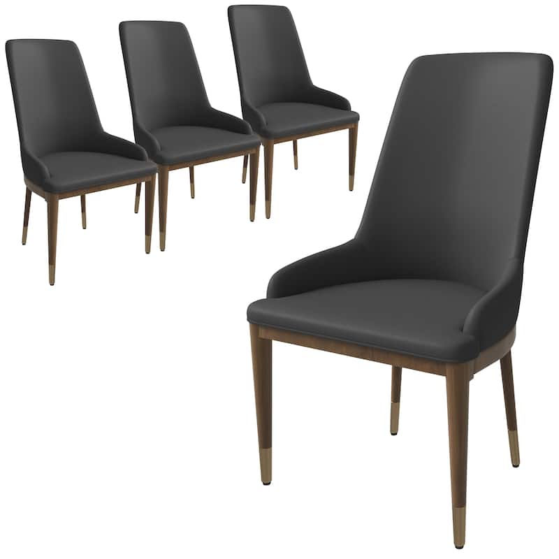 Dining Chair Upholstered in Leather with Rubberwood Frame Set of 4 Side Chair High Back and Gold Accent Legs