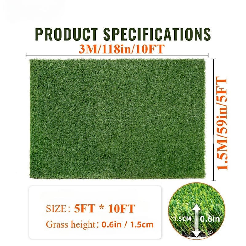 5ft x 10ft Premium Artificial Turf Mat with Drainage Holes, Thick Fake Grass with Rubber Backing(Grass height 0.6 inches/1.5cm)