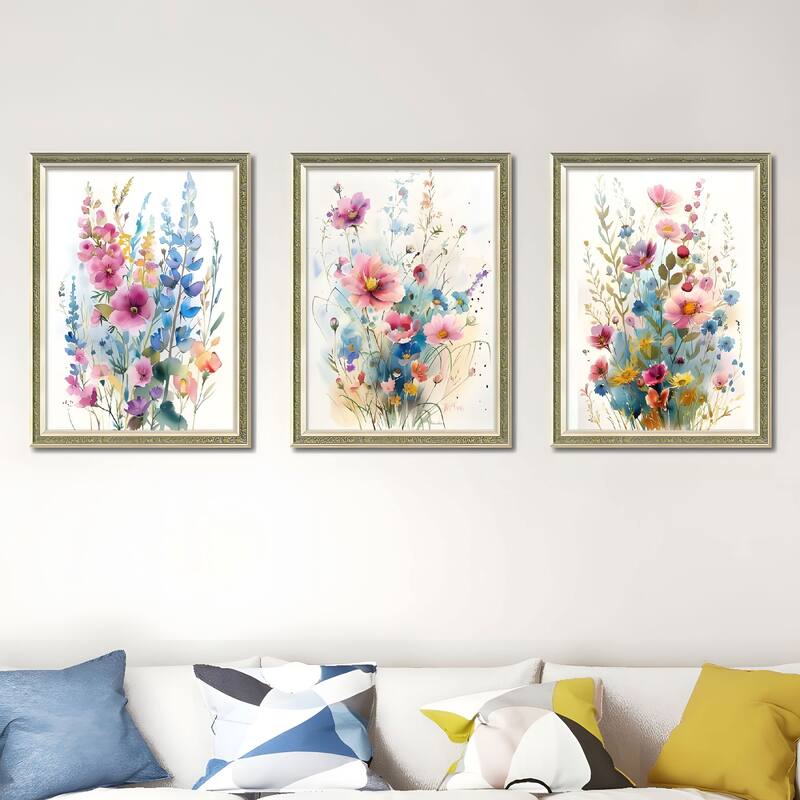 Set of 3 Colorful Floral Framed Wall Art - Replaceable Canvas Prints with Solid Wood Picture Frames - Green,Pink - Gold