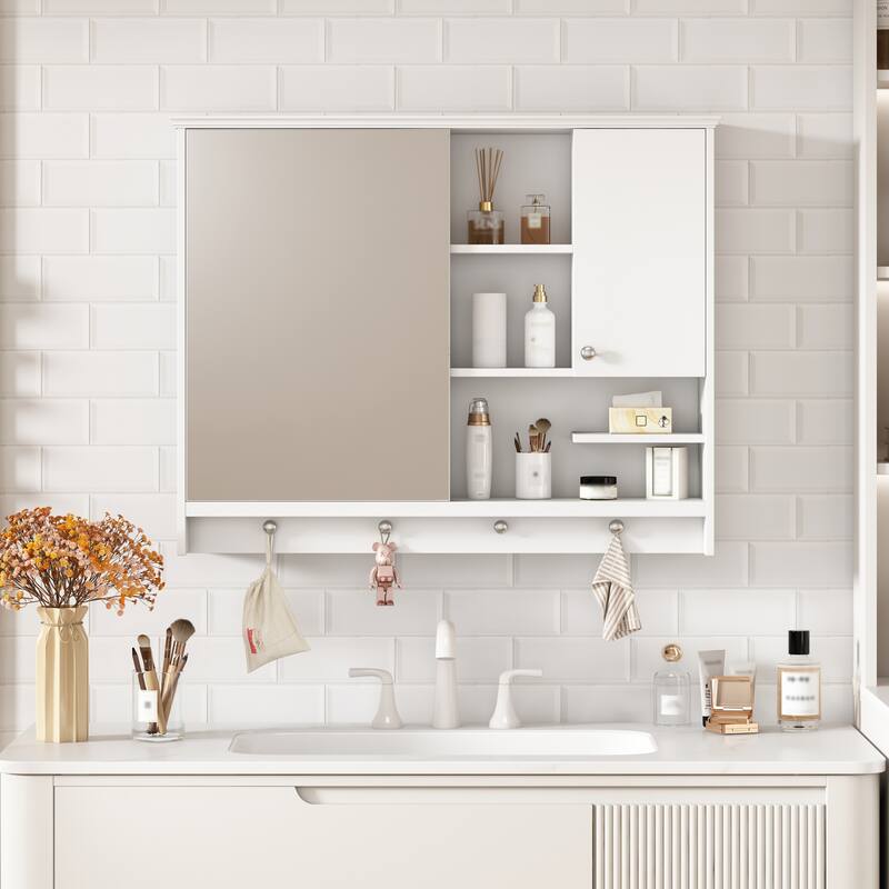 Wall Mounted Medicine Cabinet, Bathroom Storage Cabinet with High-definition Mirror Door, Open Shelves and Adjustabl Shelf - White