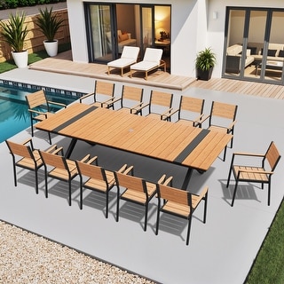 11/13-Piece Outdoor All-Weather Patio Dining Set Aluminum Rectangular Table with Umbrella Hole and Stackable Chairs