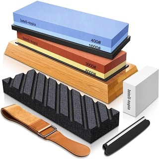 Knife Sharpening Stone Set with Leather Strop, Flattening Stone, Bamboo ...