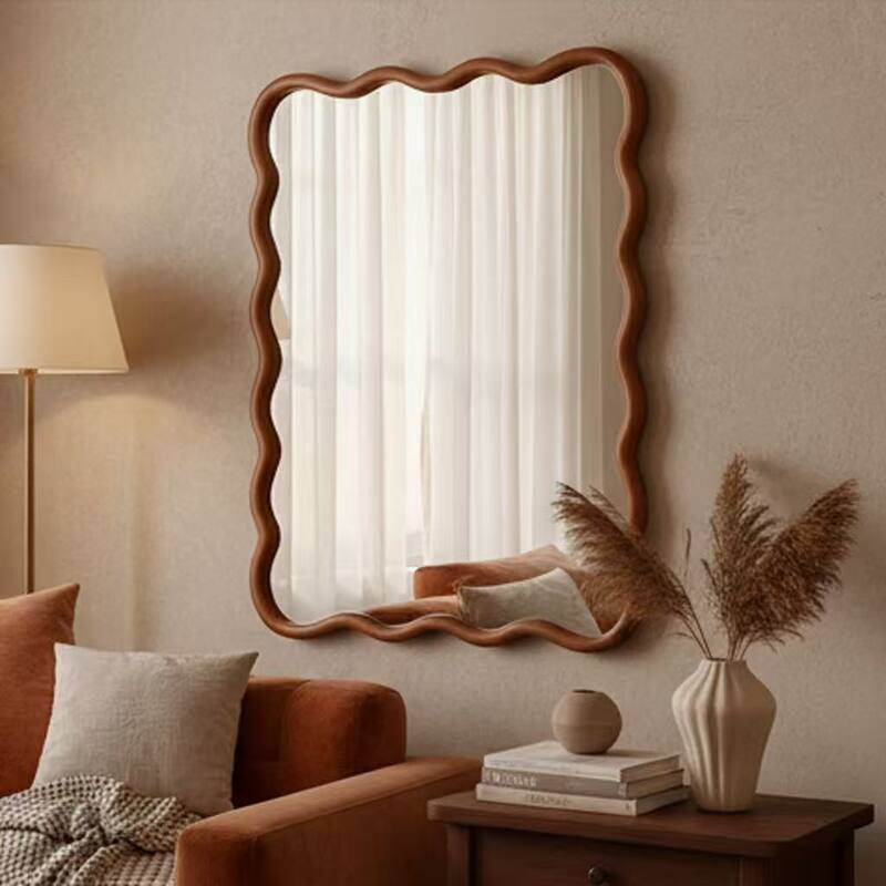 Wavy Rectangle Solid Wood Frame Decorative Mirror - Antique Brown