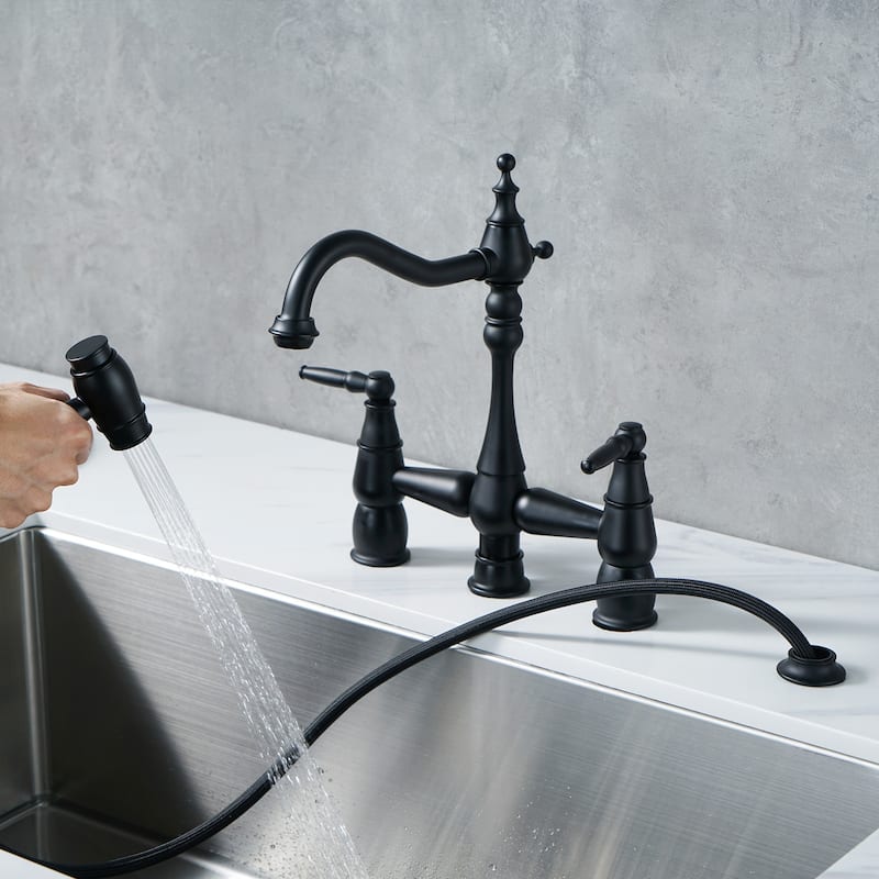 WOWOW 4 Hole Double Handle Bridge Kitchen Faucet with Side Sprayer