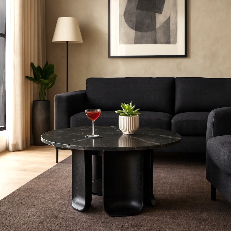 Marble Coffee Table Round Sculptural Pedestal - 30" Black - 30.0"