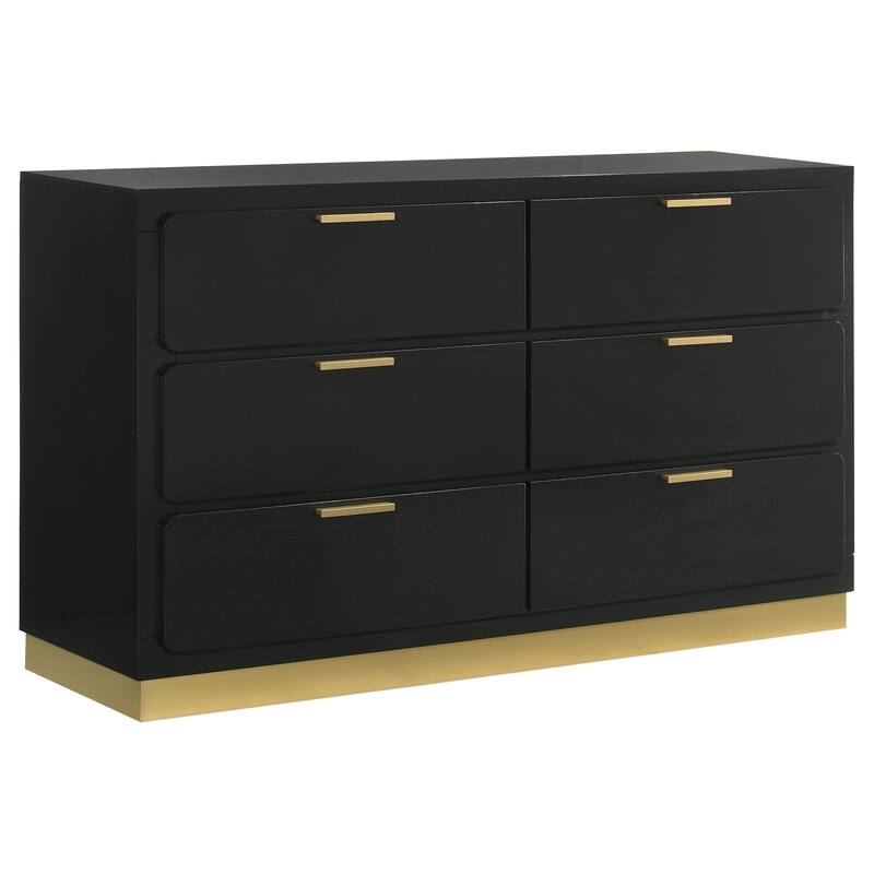 Caer 4pc Queen Bedroom Set in Black, Gold Accents, Gray Upholstery