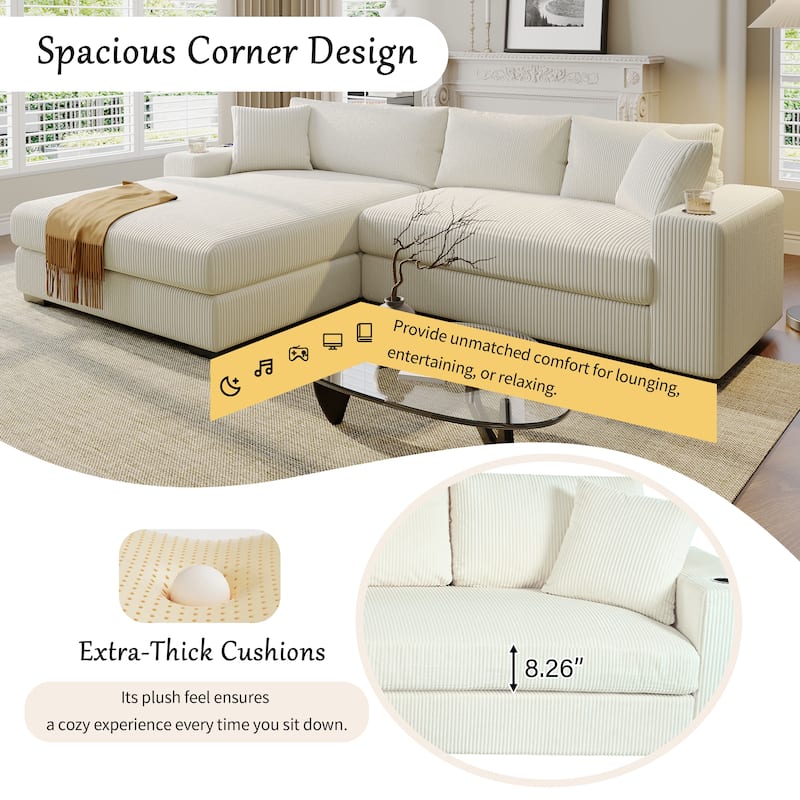 111.5" Corduroy Sectional Sofa with Thick Cushions, Cup Holders & Charging Ports