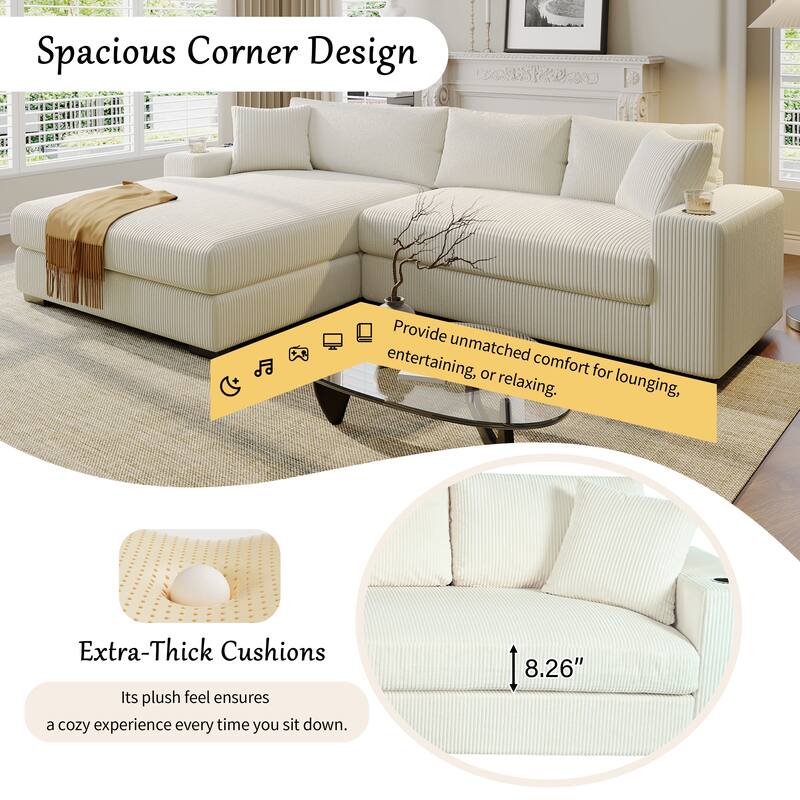 Luxurious Large Sectional Sofa with Thick Cushions, Lounge, Built-in Cup Holders & Charging Ports