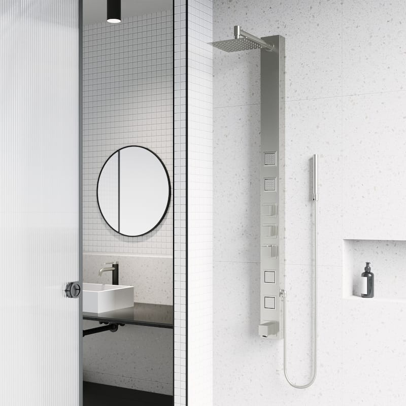 VIGO Bowery 58" H x 4" W 4-Jet Shower Panel with Square Shower Head and Tub Filler - Stainless Steel