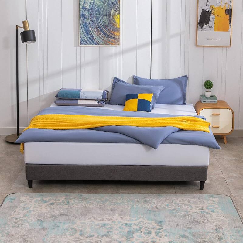 Mixoy Wooden Bed Frame,Linen Platform Bed Frame with Wood Slat Support - Grey - Queen