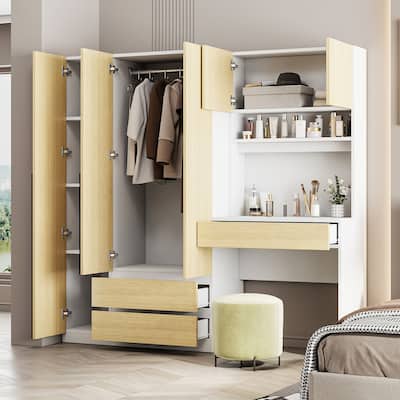 2-in-1 Wardrobe and Desk Design for Small Bedroom, 3-Door Wooden Closet Cabinet Armoire with Hanging Rod & Drawers, Natural