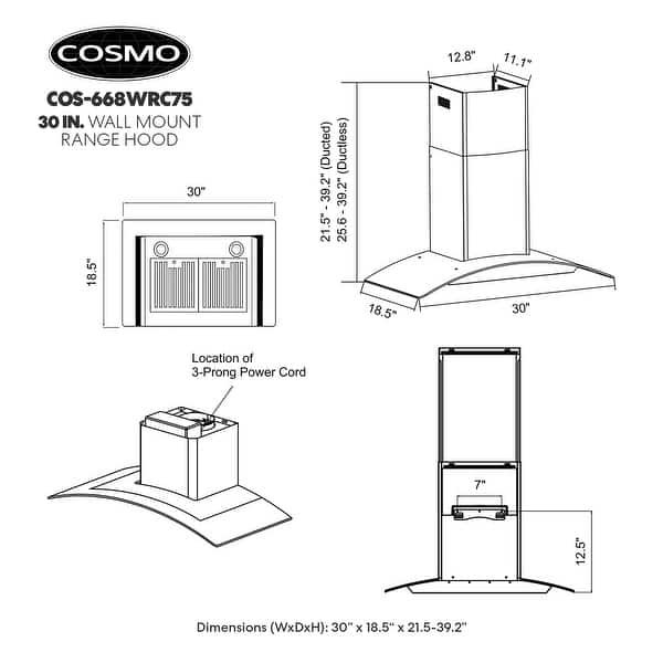 Cosmo 30 in. Ducted Wall Mount Range Hood in Stainless Steel with Push Button Controls, LED Lighting and Permanent Filters