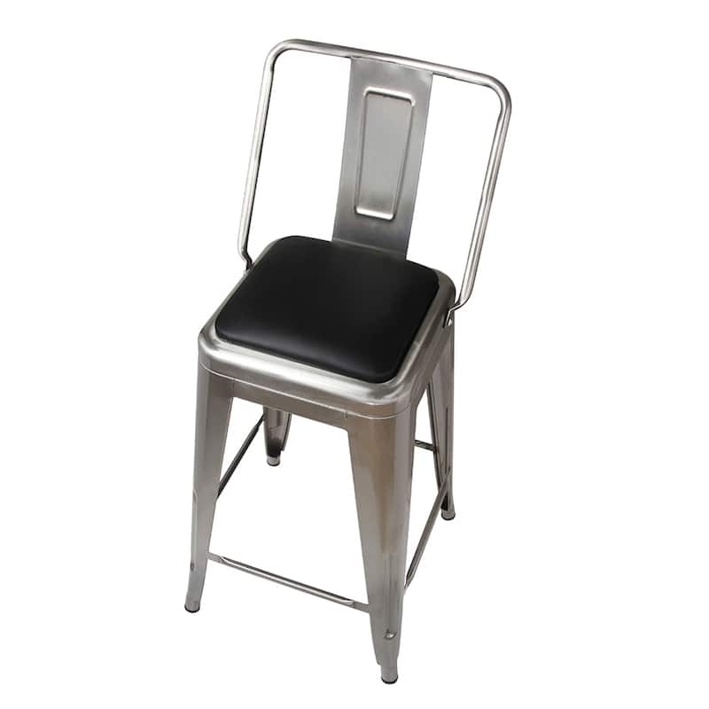 24" High Back Metal Stool with Leather Cushion-Set of 2