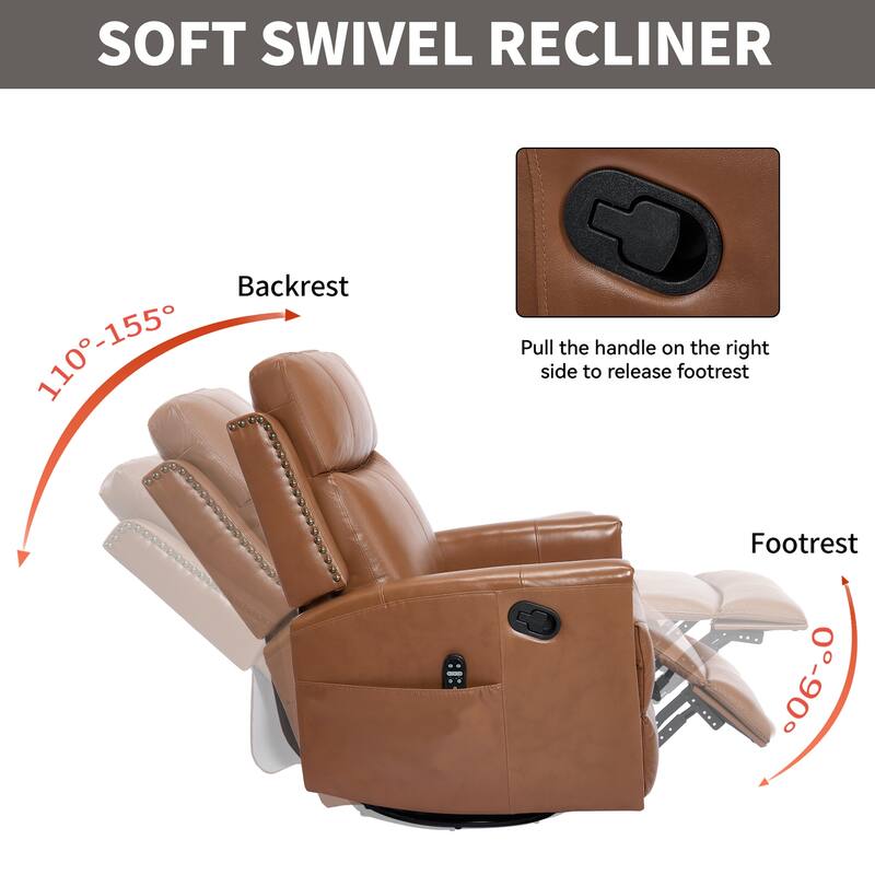 One Piece Genuine Leather Recliner Chair with Massage Heat Rocker and Swivel