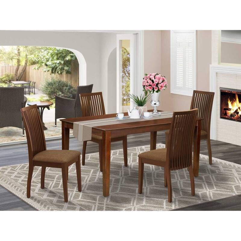 5-Piece Mahogany Finish Solid Wood Top - Rectangular Dining Room Set - Seats 4
