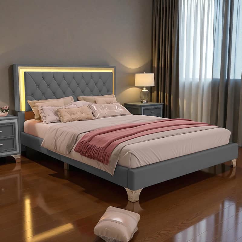 Queen Size Velvet Upholstered Bed Frame with LED Lights, Modern Tufted Headboard Platform Bed with Slats