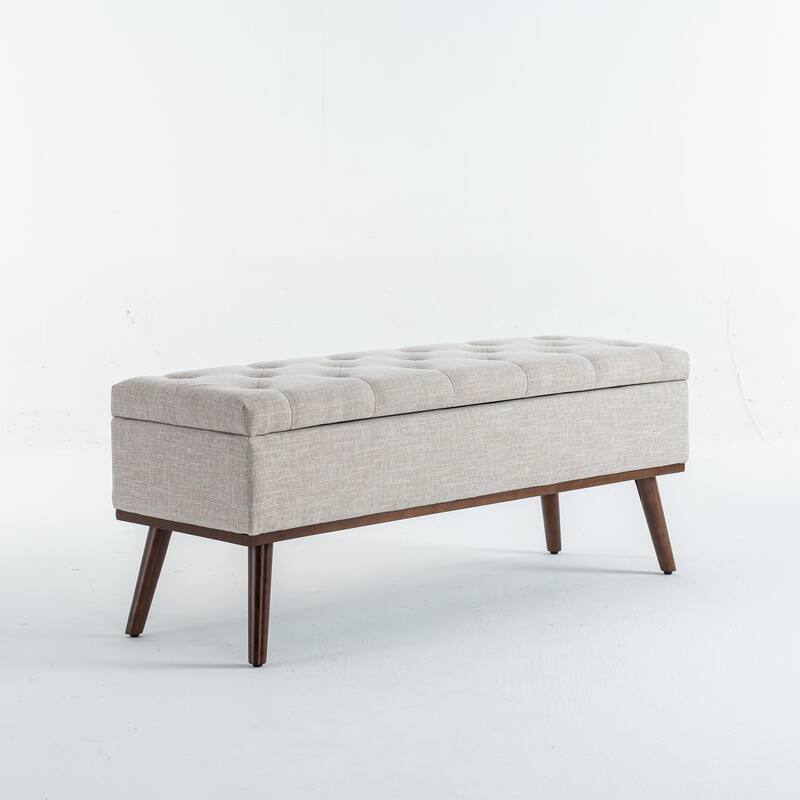 Linen Storage Ottoman Bench with Wood Legs, Upholstered Entryway Bench Tufted Mid Century Modern Ottoman Bedroom End of Bed