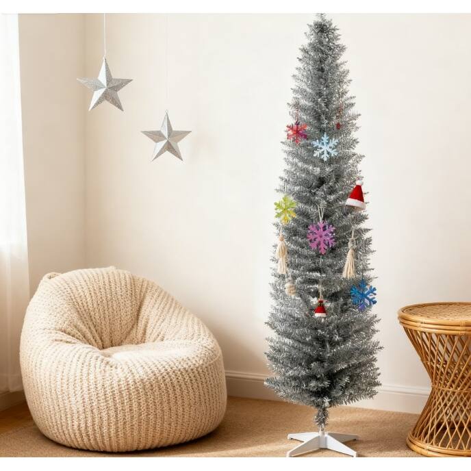 Pencil Christmas Tree,Decorated Christmas Tree, with 499 Realistic Branch Tips and Plastic Stand - Silver